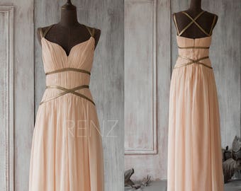 2017 Peach Bridesmaid Dress, Chiffon Prom Dress Long, Formal Dress, Criss Cross Straps Evening Dress Floor Length (F062A1)-Renzrags