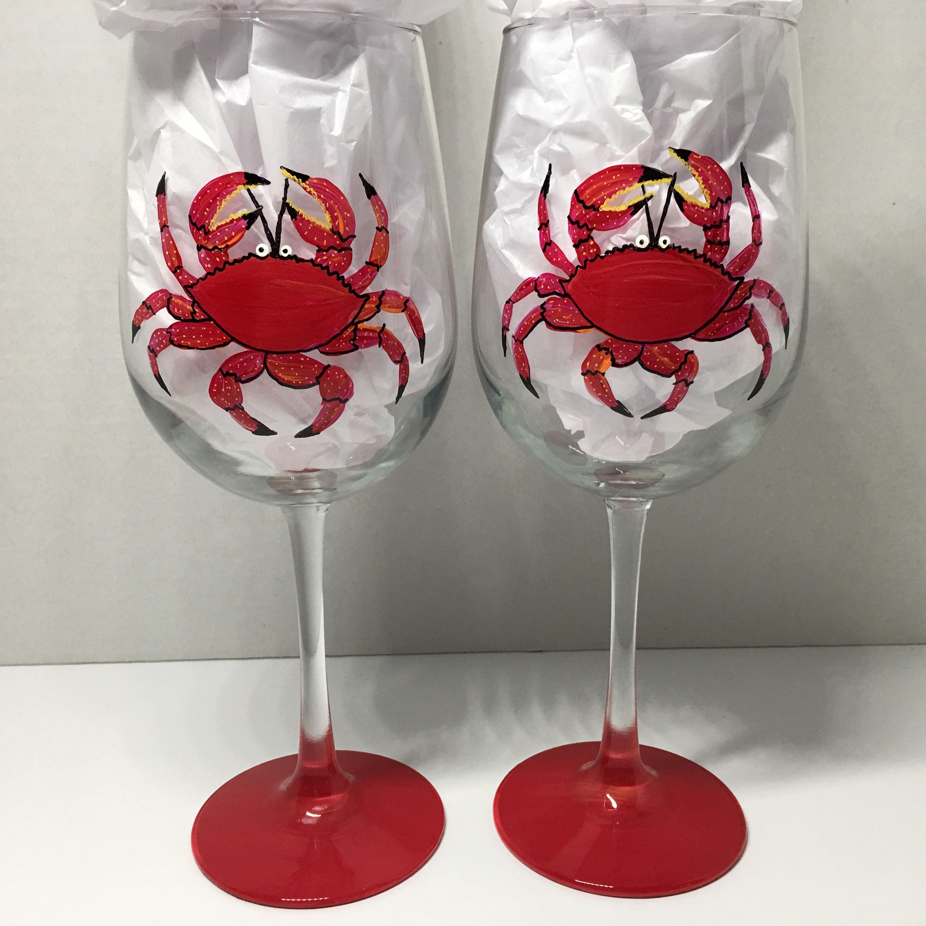 Red crab hand painted wine glasses.