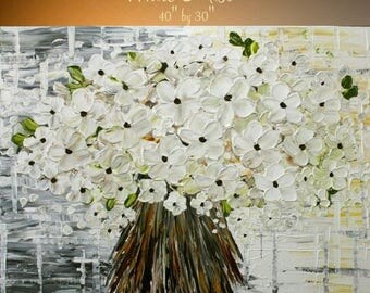 SALE Abstract ORIGINAL 40" x 30" gallery wrap canvas-Contemporary impasto abstract White floral blossom painting by Nicolette Vaughan Horn