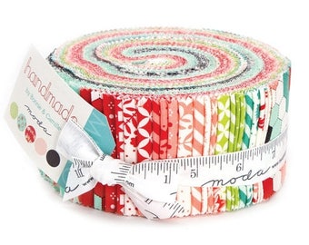 12% off thru July HANDMADE Bonnie & Camille Moda Jelly Roll fabric 40 2.5 inch strips 55140Jr red aqua green HEXAGONS