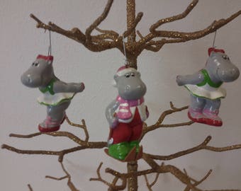 Set of 3 Hippopotamus Christmas Ornaments Ceramic Material Made in Korea