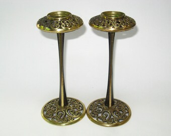 Pair Abada Signed Made in Israel Brass Shabbat Candlesticks Vintage Judaica