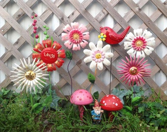 Whimsy Garden Stakes - Metal Flowers, A Gnome & A Bird - Yard Art - 12 Pieces - Pink/Red/White