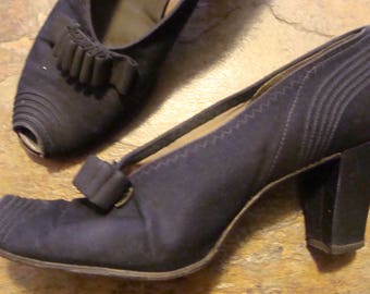 1930's PEEP TOE HEELS vintage 30's shoes pumps wool 7 7.5