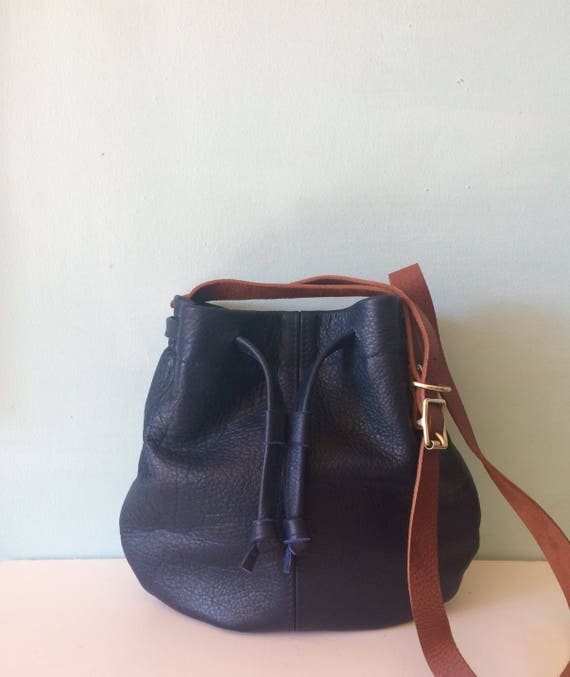 Navy blue leather bucket bag blue leather handbag leather