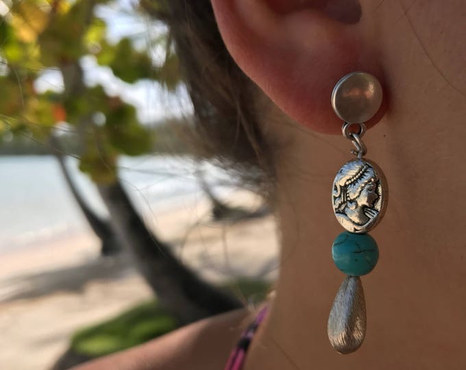 Boho Earrings,dangle Earrings,cameo Earrings,leather earrings,turquoise Earrings,leather accessorie, christmas gift,women gift,girl