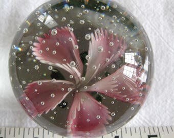 Round Glass Paperweight With Frilly Pink Flower & Green Leaves