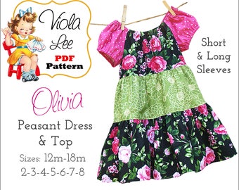 Olivia, Peasant Dress Pattern. Long & Short Sleeve Peasant Top, Toddler Dress pdf Patterns, Girl's Sewing Patterns, Girl's Dress Patterns.