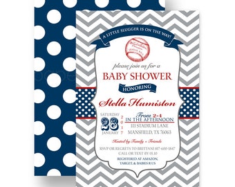 Navy Baseball Baby Shower Invitation for Boys - Grey Chevron - Sports Sprinkle - Personalized - Party Printable - Customized Colors