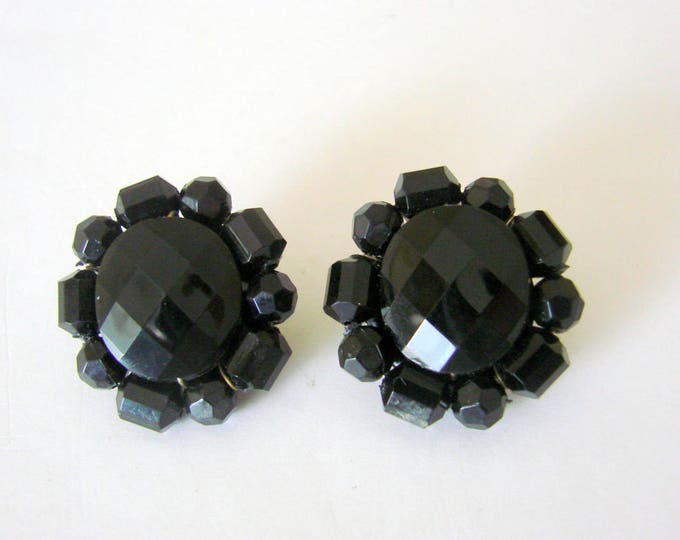 1940s Germany Black Faceted Lucite Bead Cluster Earrings / Clips / Vintage Jewelry / Jewellery