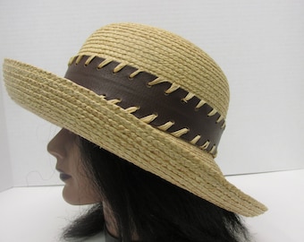 womens straw hat made in Italy , brim up or down , vintage straw hat , summer hat , wide band , sun hat , sunhat , large brim summer hat