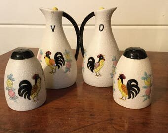 Vintage oil and vingerwith matching salt and pepper shakers, roosters
