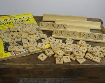 1953 Scrabble Book Guide and 98 Wooden Letter Tiles and 4 Wooden Tile Holders