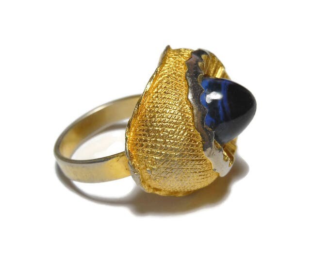 FREE SHIPPING Blue art glass ring, gold plated metal cone shaped blue glass cabochon fluted sliver plated edging, adjustable from 4 to 7 1/2