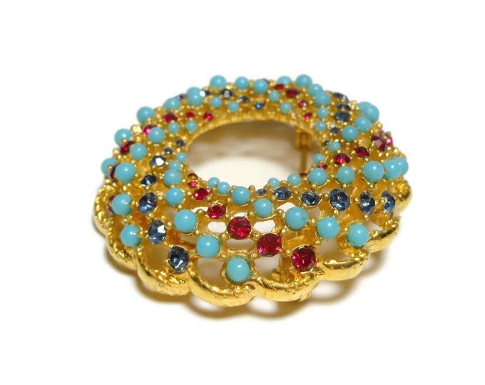 Sarah Coventry circle pin, 'Song of India' 1965, red blue rhinestones, turquoise colored beads, wreath brooch, gold plated no missing beads