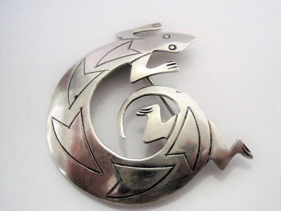 Sterling Lizard Brooch - Native American - Signed Sterling - Gecko Pin