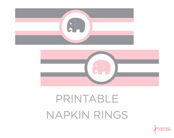 Printable Napkin Rings - Elephant Baby Shower - Elephant Napkin Rings - Elephant Baby Shower Theme - Girl Baby Shower - Napkin Rings - Pink