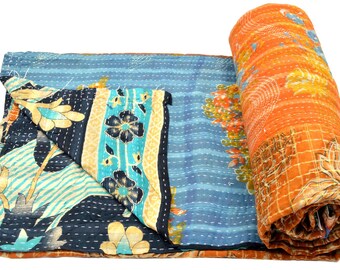 Vintage Kantha Quilt Gudri Reversible Throw Ralli Bedspread Bedding India OG1037