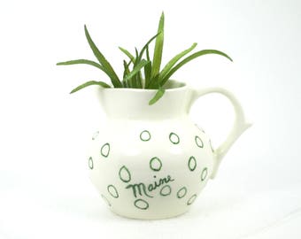 Maine Souvenir Pitcher - Green Polka Dots - Handmade Ceramic