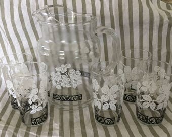 Set of Five Vintage Glasses with Pitcher