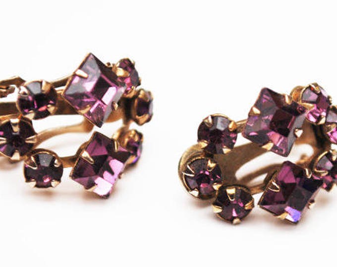 Purple Rhinestone earrings - gold tone- mid century - clip on earrings -Gift for her