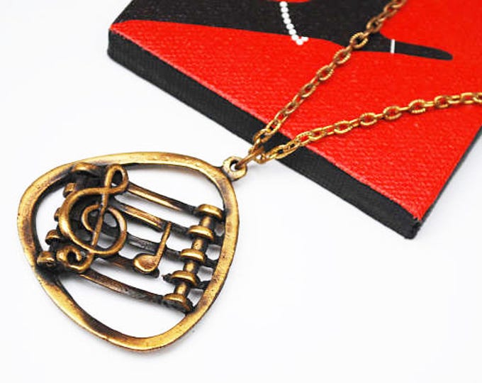 Music Note Necklace - Brass gold metal music pendant - Clef Key