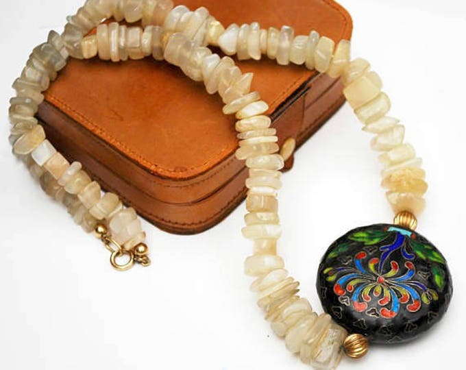 Boho Necklace - Cloisonne black blue red Enamel - polish Chalcedony Agate nugget bead - white gemstone - gold plated clasp