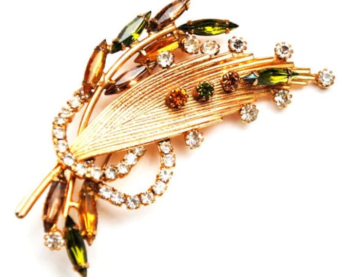 Vintage Rhinestone gold leaf Brooch - orange green clear crystal - large Floral Mid Century Pin -