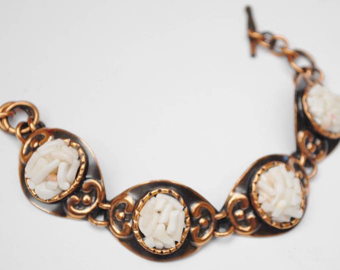 Copper White Coral Link Bracelet - White coral shell chips - copper oval panel link bange