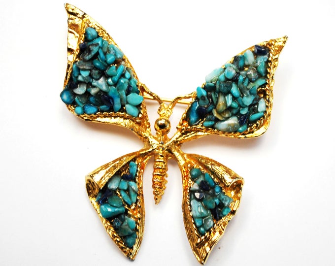 Turquoise Chip Butterfly Brooch - Agua Blue Gemstone - Gold metal - Insect Pin