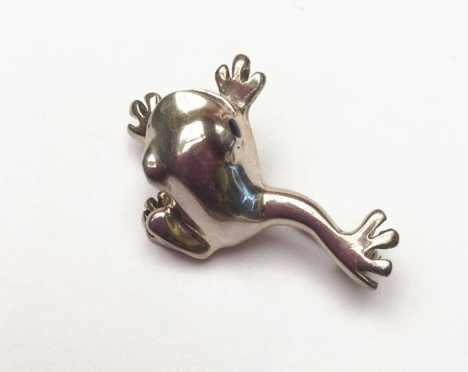 Frog Brooch - Sterling Silver - black Onyx eyes - Figurine pin