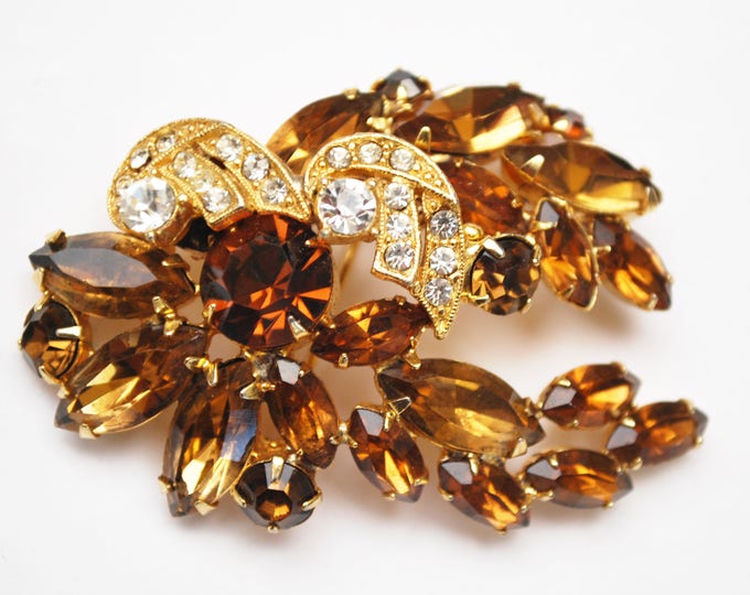 Weiss Rhinestone Brooch -Brown Orange Champagne - Clear Crystal - Gold metal Floral Leaf pin