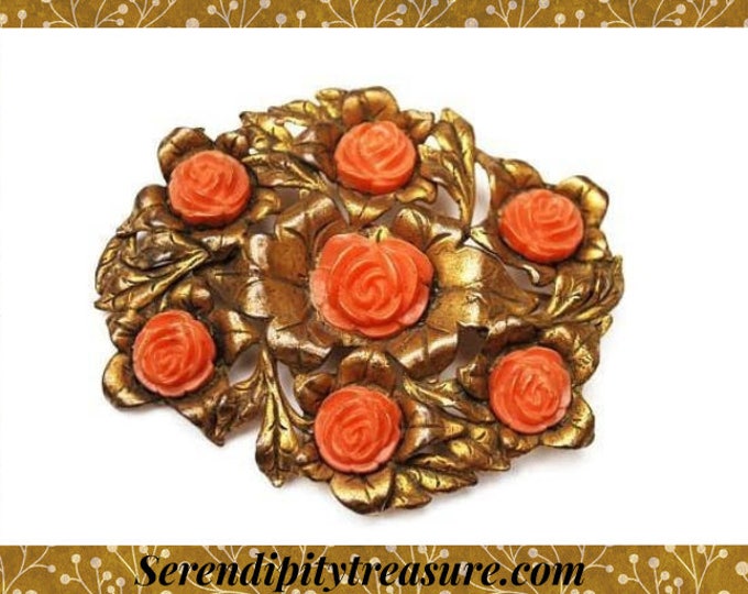 Large Coral celluloid flower Brooch - Golden Brass - leaf Floral - Art Nouveau Pin