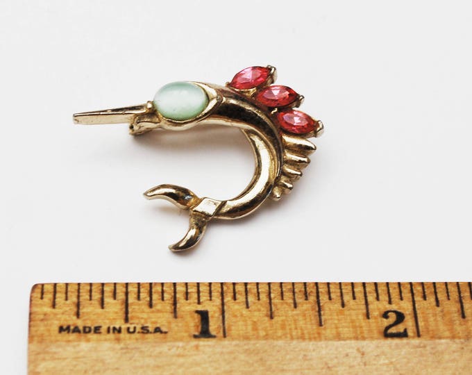 Coro Sword Fish Brooch - Gold - Pink light Blue Rhinestone - Signed figurine fish pin