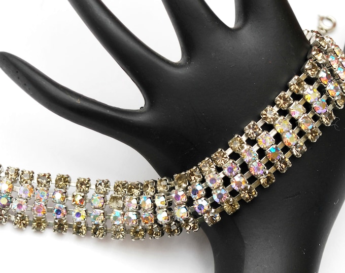 Rhinestone Bracelet - Aurora Borealis Crystal - Grey Rhinestone Silver -- Mid Century Bracelet - Wedding Bride