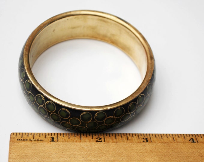 Brass bangle - Green Enameling Gold Polka dot -Boho bracelet