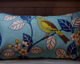 Bohemian decor cushion, bird, turquoise blue and mustard yellow...