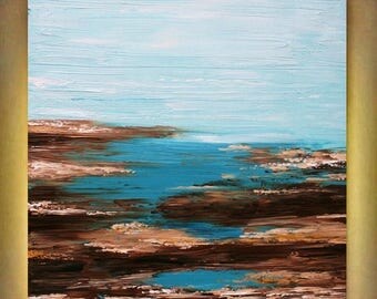 SALE Original Abstract Seascape Aqua Heavy Impasto Palette Knife Modern Art Painting . Size 40 x 30.