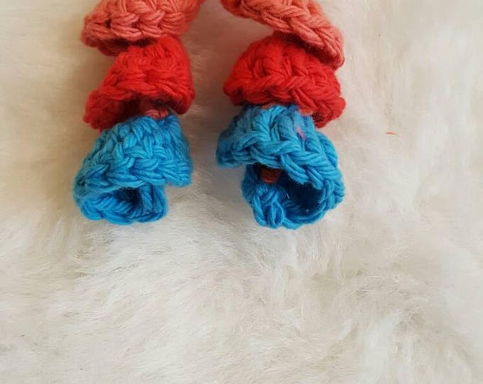 Handmade Fiesta Crochet Earrings 3.5 Inch Drop Light Coral Red Oean Blue Bead Silver Plated Lead Nickle Free