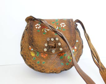 1970s Tooled Leather Purse, Hippie Purse Floral Hand Painted Tooled Leather Bag