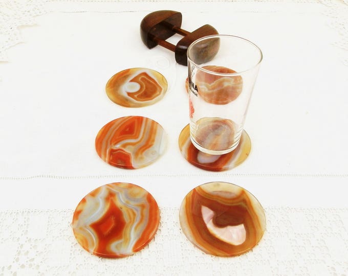 Vintage 6 Round Onyx / Agate Orange and White Polished Stone Drinks Coasters with Stacking Rack, Retro Home Interior, Entertaining, Barware