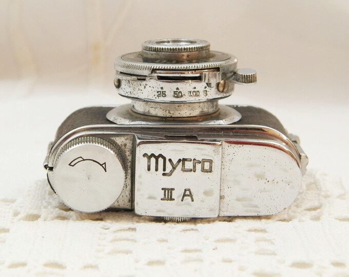 Vintage Miniature Photographic Mycro III A Sanwa Camera with Leather Case, Subminiature F=20 mm, Retro Analog Tiny Small Photo Camera 1950s
