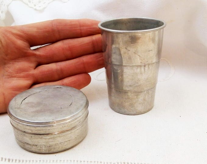 Vintage Metal Folding Beaker with Separate Storage Box, Collapsible Beaker with It's Own Tin, Retro Camping Equipment, Hiking Scout, 1930