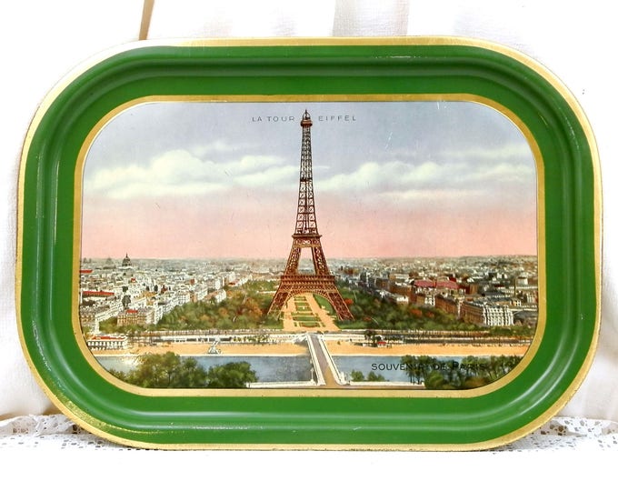 Vintage 1930s Metal Serving Tray Souvenir of Paris with Eiffel Tower View of the River Seine and the City Green and Gold Edge