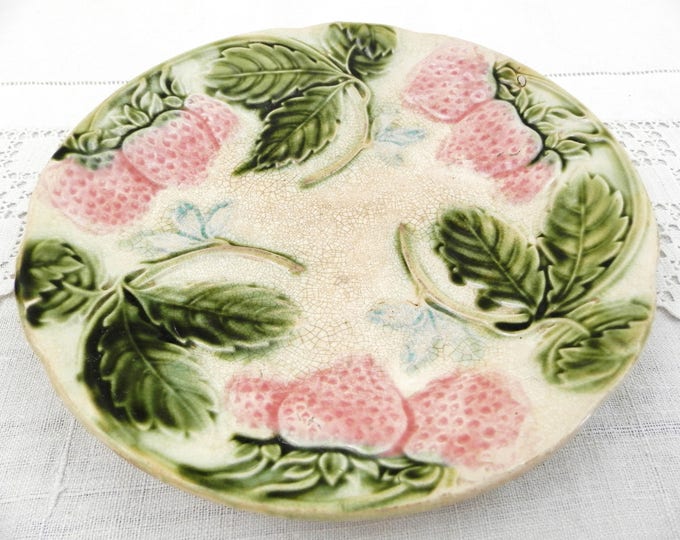 Antique French Strawberry Majolica Ceramic Decorative Plate, Pottery Decorated Victorian Desert Plate from France, Country Cottage Farmhouse