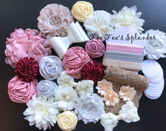 Baby Headband Kit- Baby Shower station * Makes 20 headbands * Headband supplies- DIY Headband kit (Kit #1) Mauve, Cream, Ivory, Wine