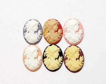 6 Colors of 40x30 mm Grecian Muse Woman with Bird Cameos, Very Nice