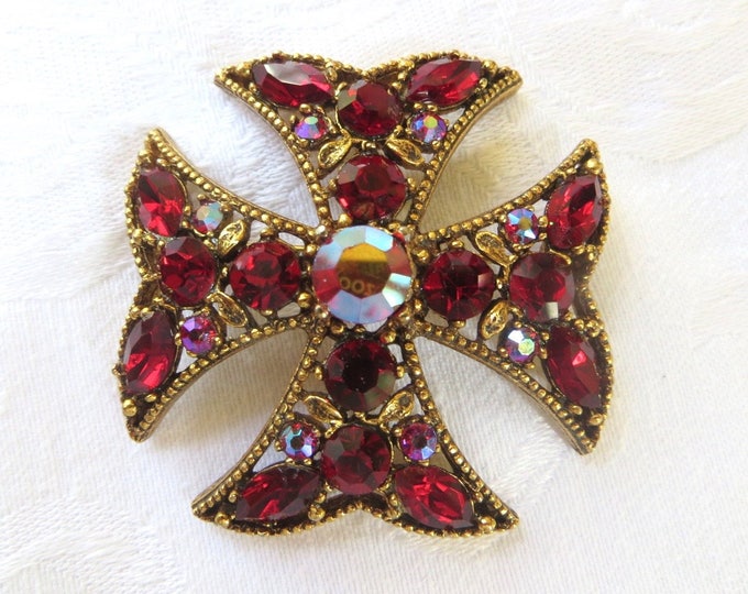 Rhinestone Maltese Cross Brooch, Vintage Malta Cross Pin, Red Maltese Pendant, Navette Stones, Sparkling Beauty