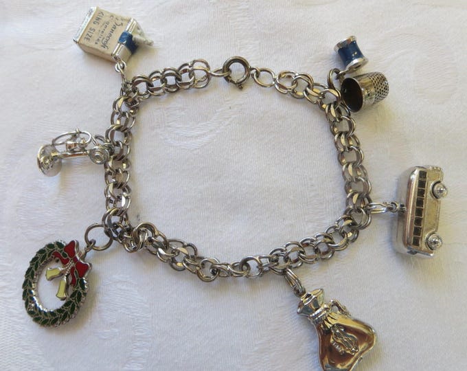 Sterling Charm Bracelet, 7 Vintage Charms, Custom Bracelet, Unique Charms, 1960s