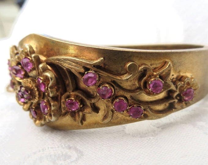 Antique Bangle Bracelet, Art Nouveau Hinged Bracelet, Layered Metalwork, Pink Rhinestones, Antique Jewelry